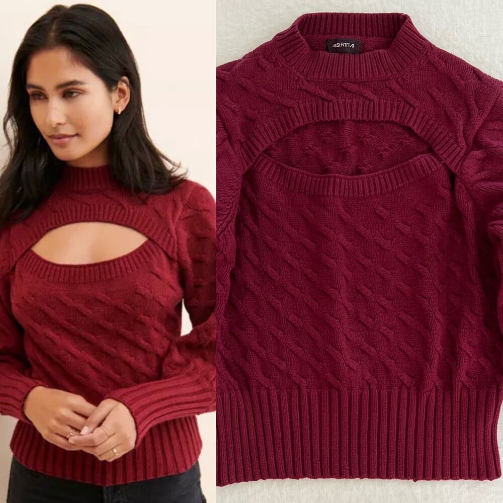 4SI3NNA Deep Berry Red Cable Knit Mock Neck Owen Sweater w/ Chest Cutout Size XL